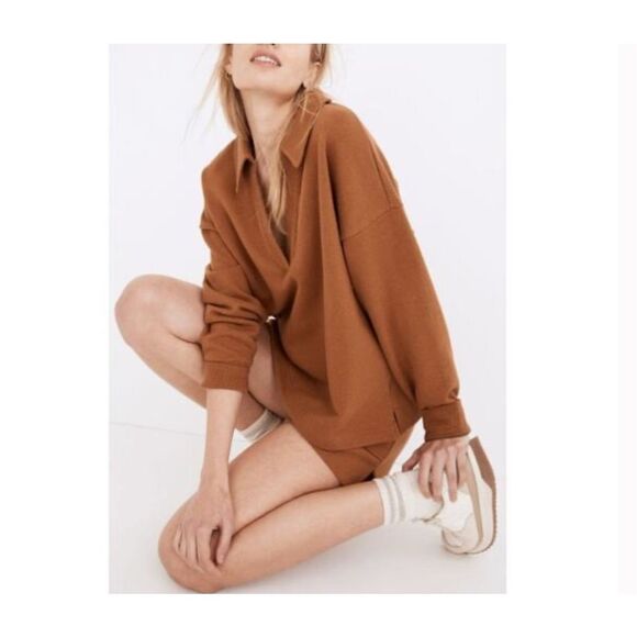 Madewell $80 Cotton-Hemp Oversized Polo Sweatshirt brown women's medium NEW - Picture 2 of 12